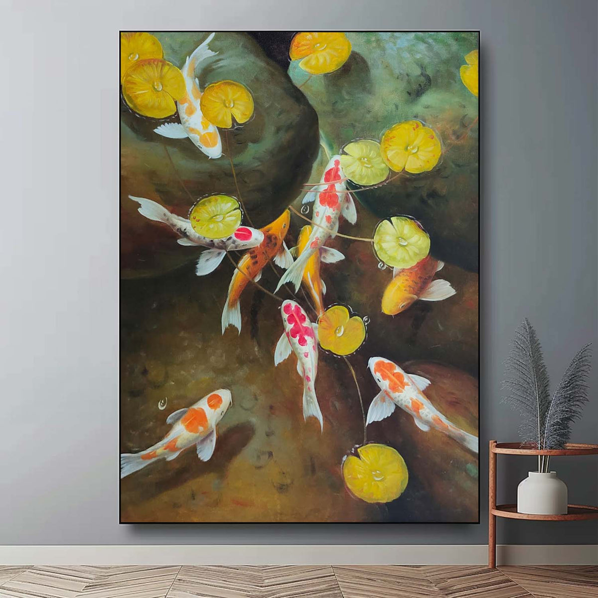 Wall Art Koi Fish Lotus Pond Realistic Oil Painting