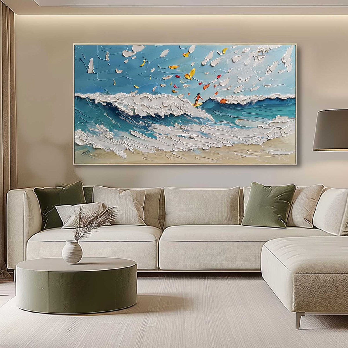 Textured Ocean Wave Surfing Scene Oil Painting