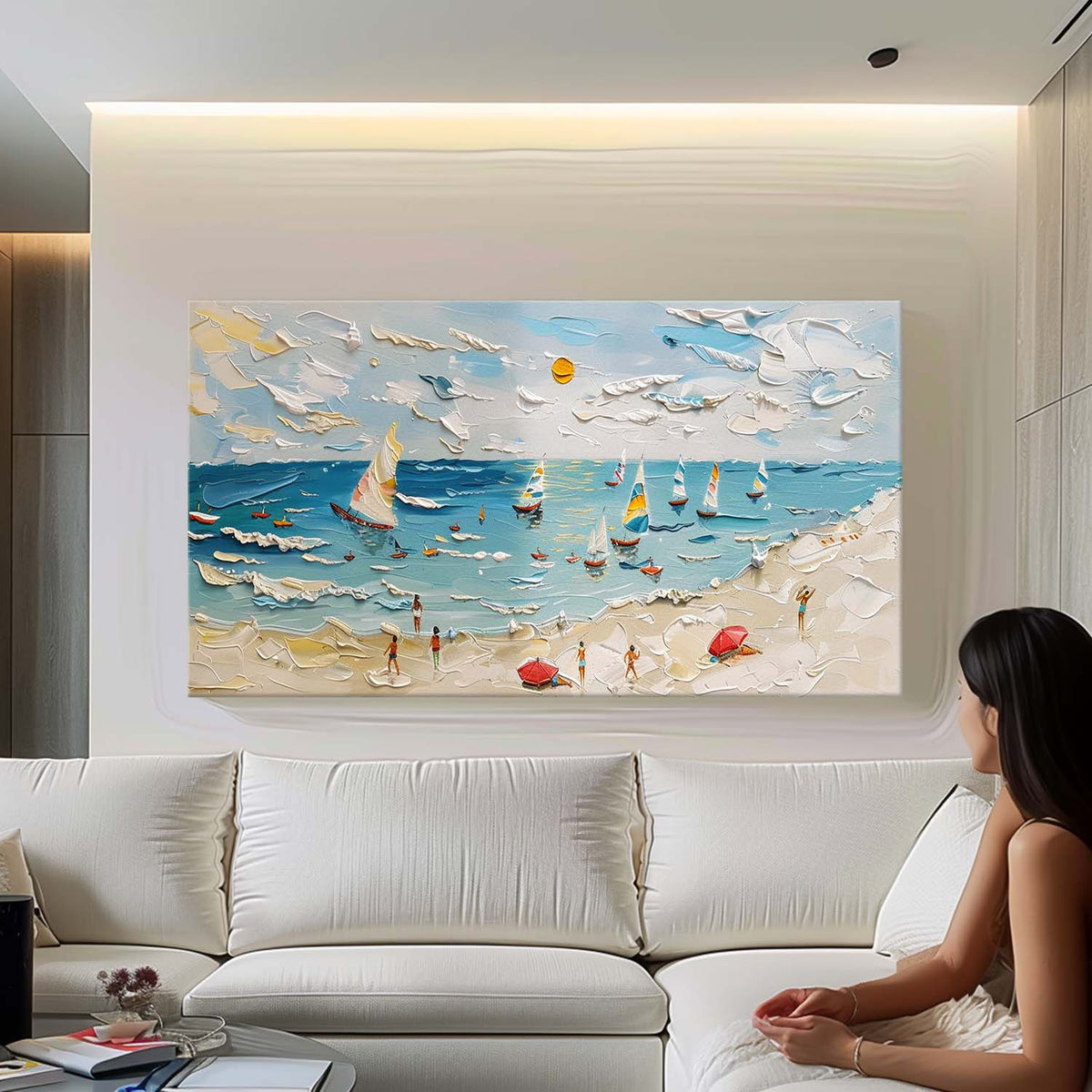 Tactile Coastal Beach Oil Painting Sailboats Bright