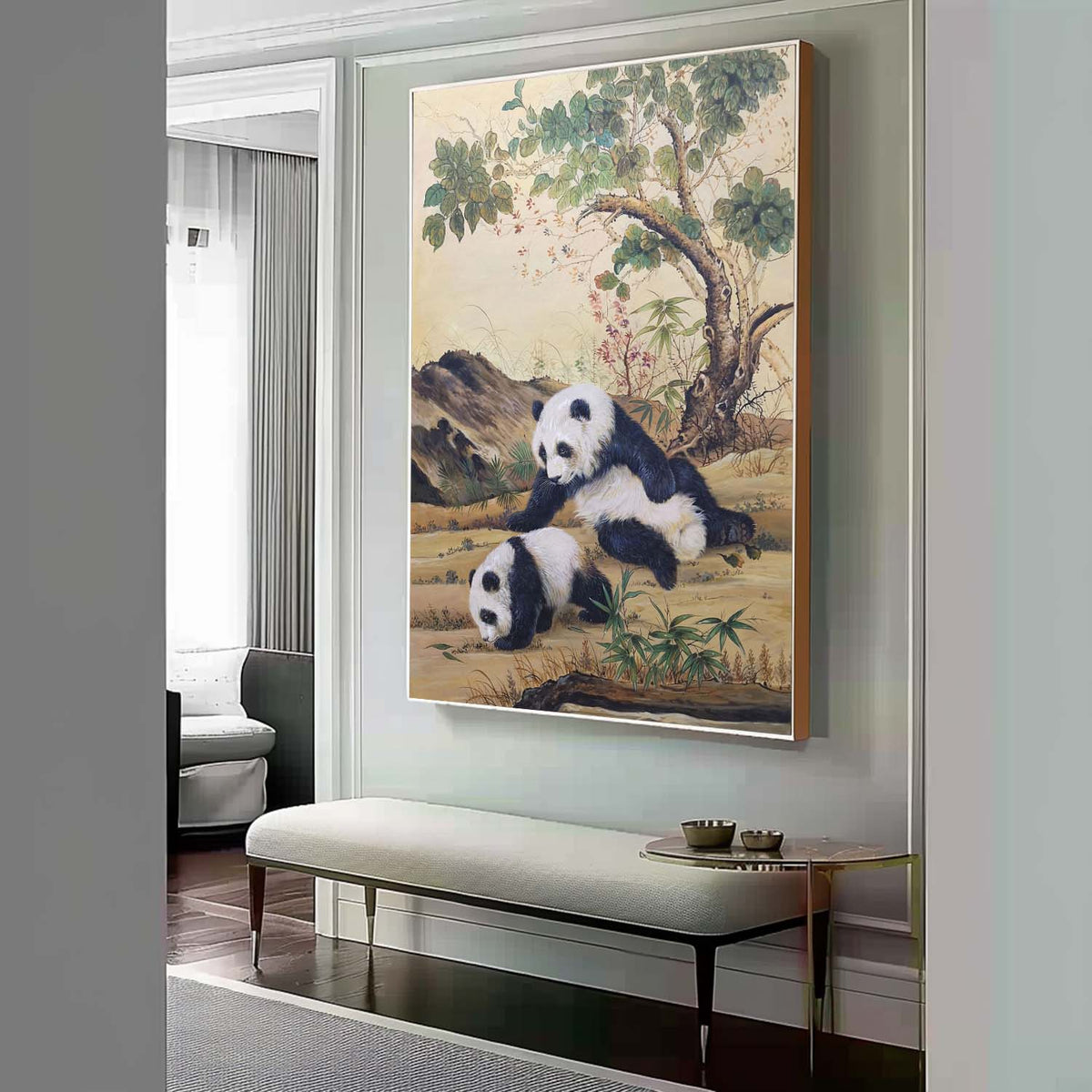 Wall Art Vertical Traditional Chinese Panda Scene Soft