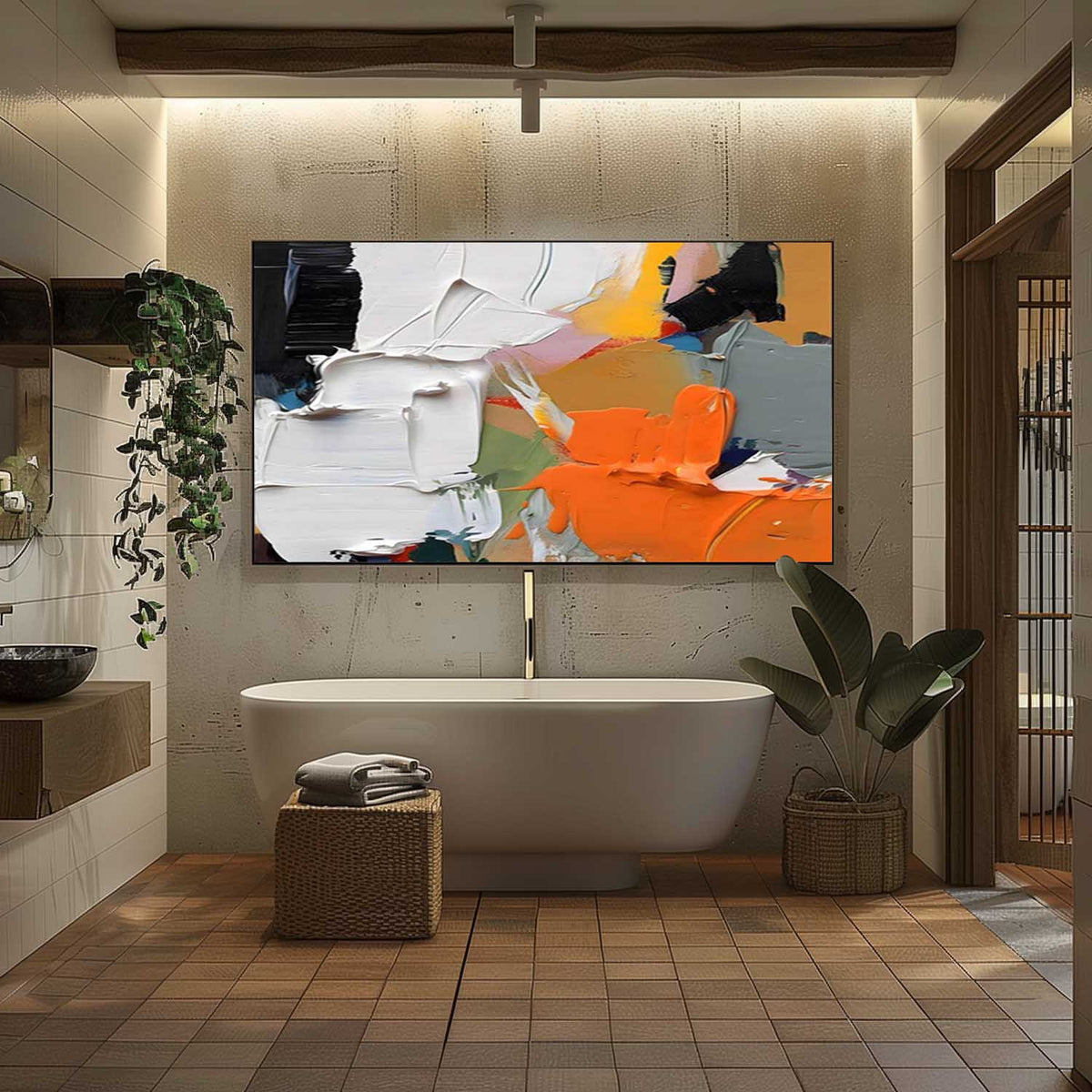 Orange & White Impasto Abstract Painting