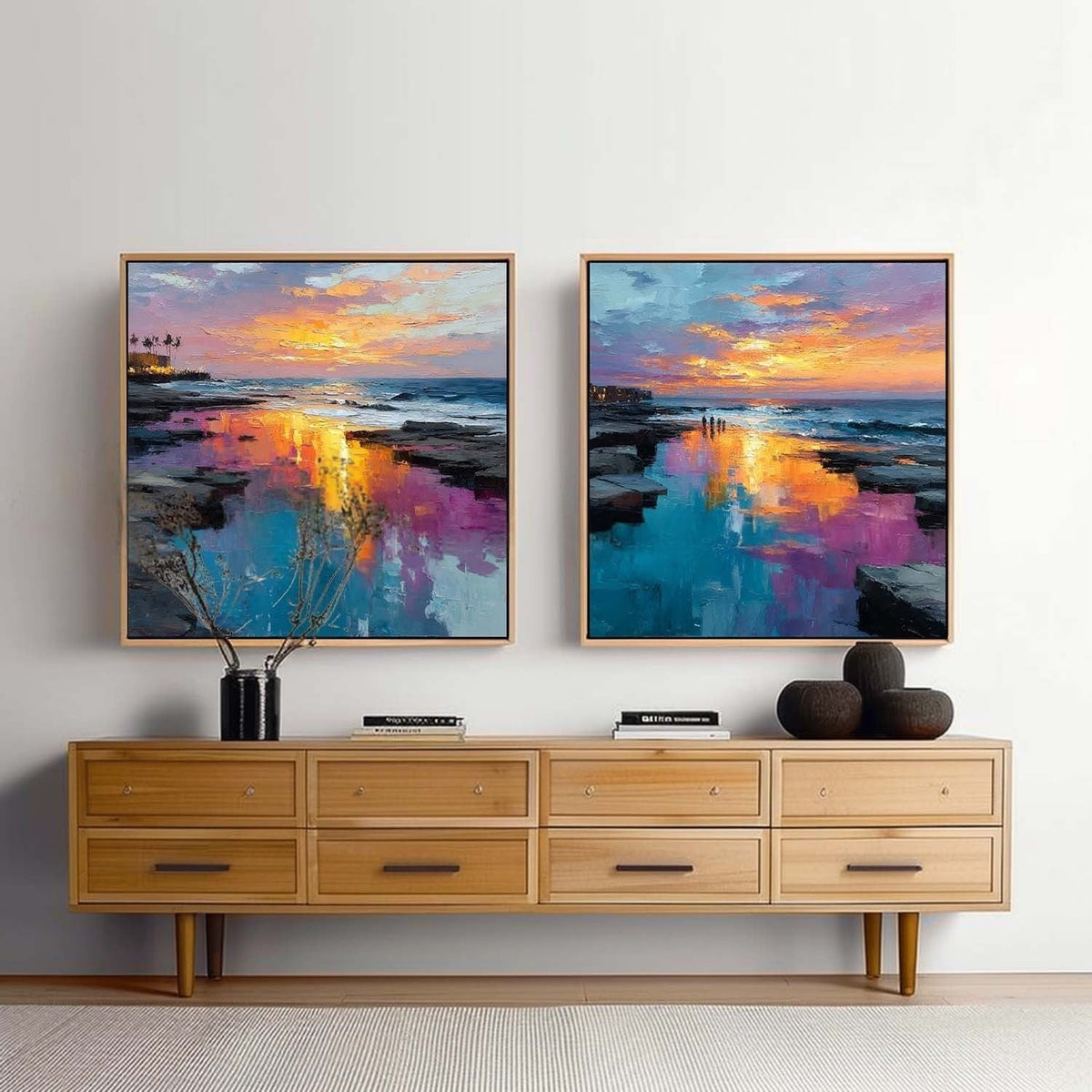 Coastal Sunset Diptych Impasto Painting