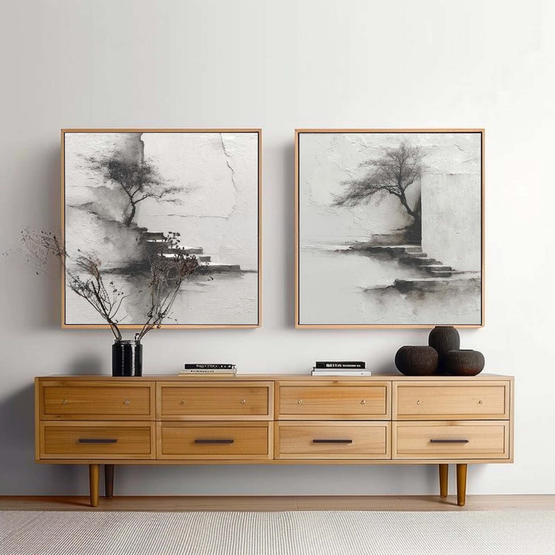 Wabi-Sabi Solitary Tree Diptych Painting
