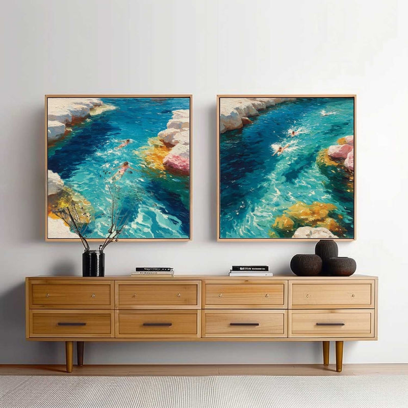 Snorkeling Cove Diptych Impasto Painting