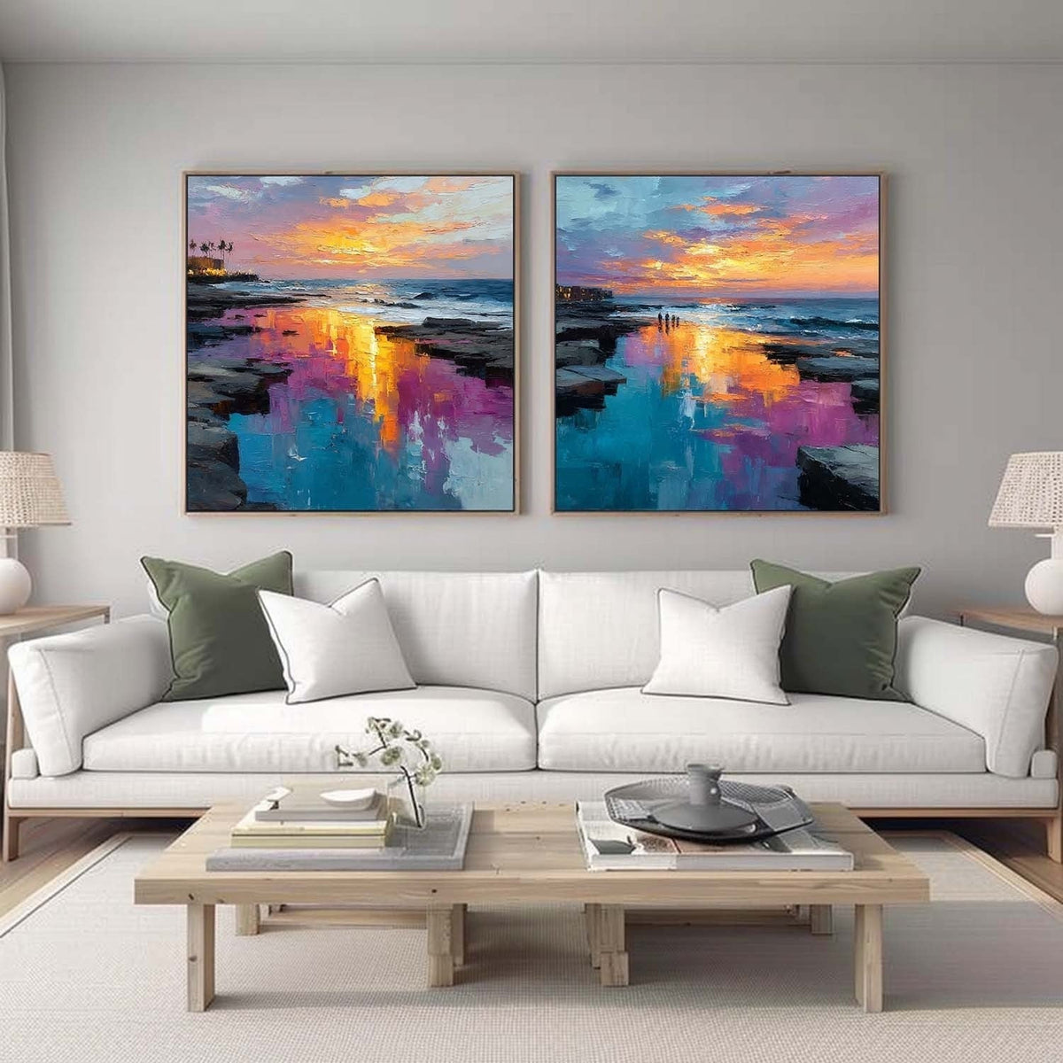 Coastal Sunset Diptych Impasto Painting