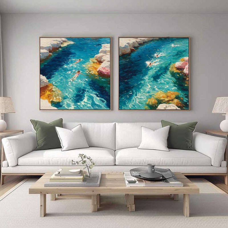 Snorkeling Cove Diptych Impasto Painting