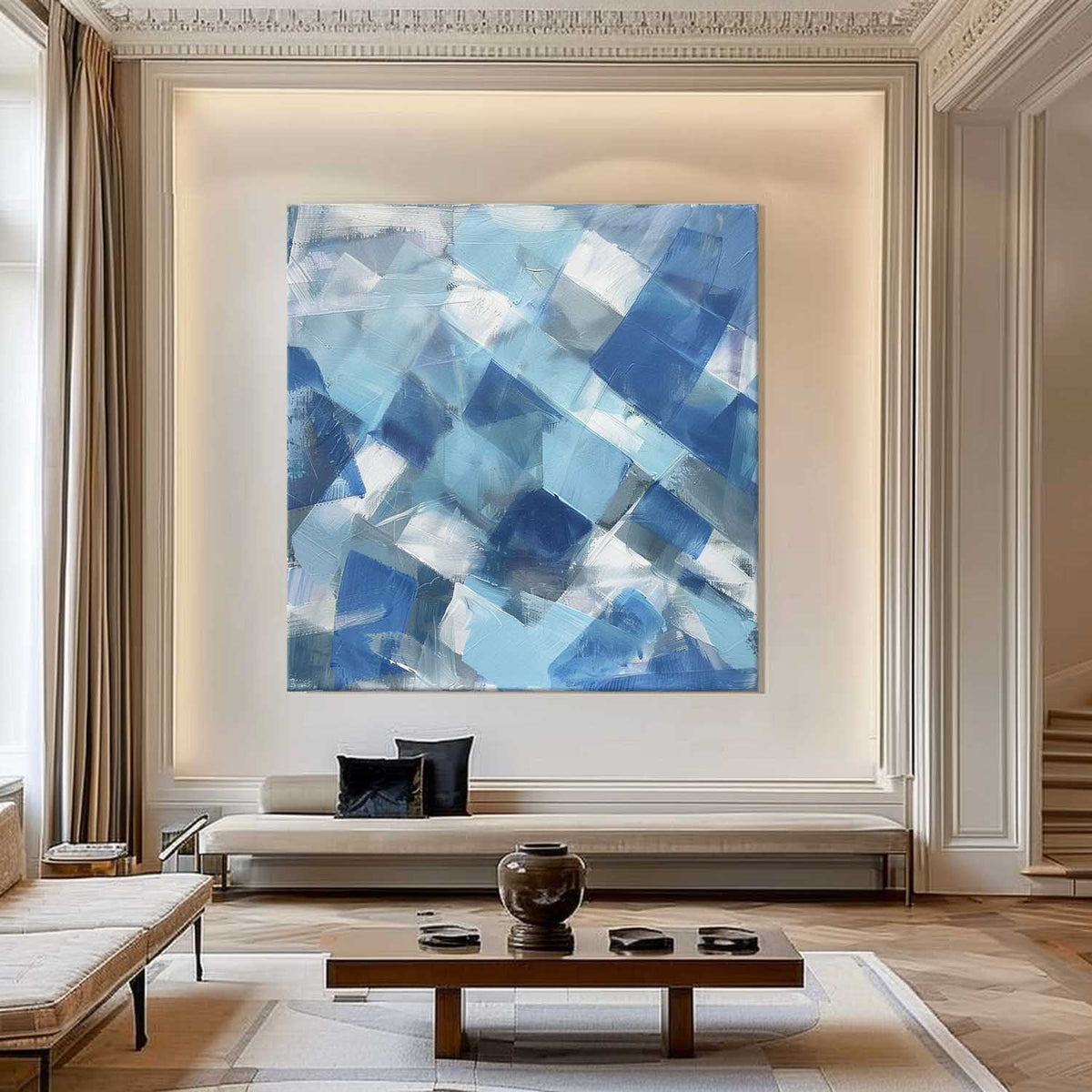 Modern Blue White Geometric Painting Textured Wall Art