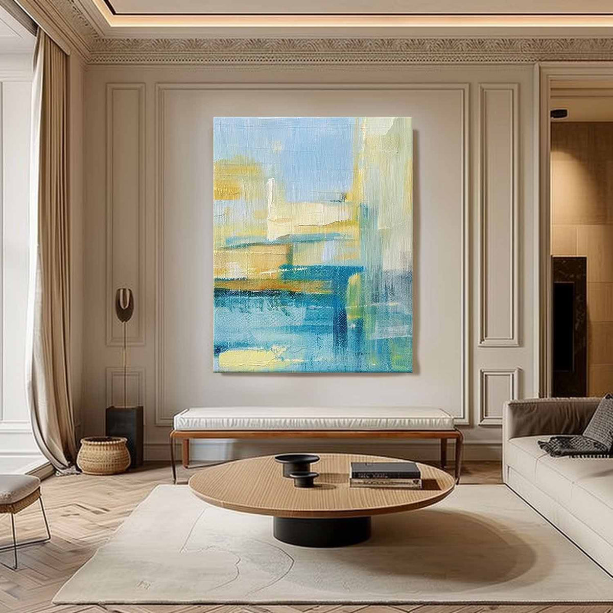 Coastal Landscape Painting Blue Yellow Modern Wall Art