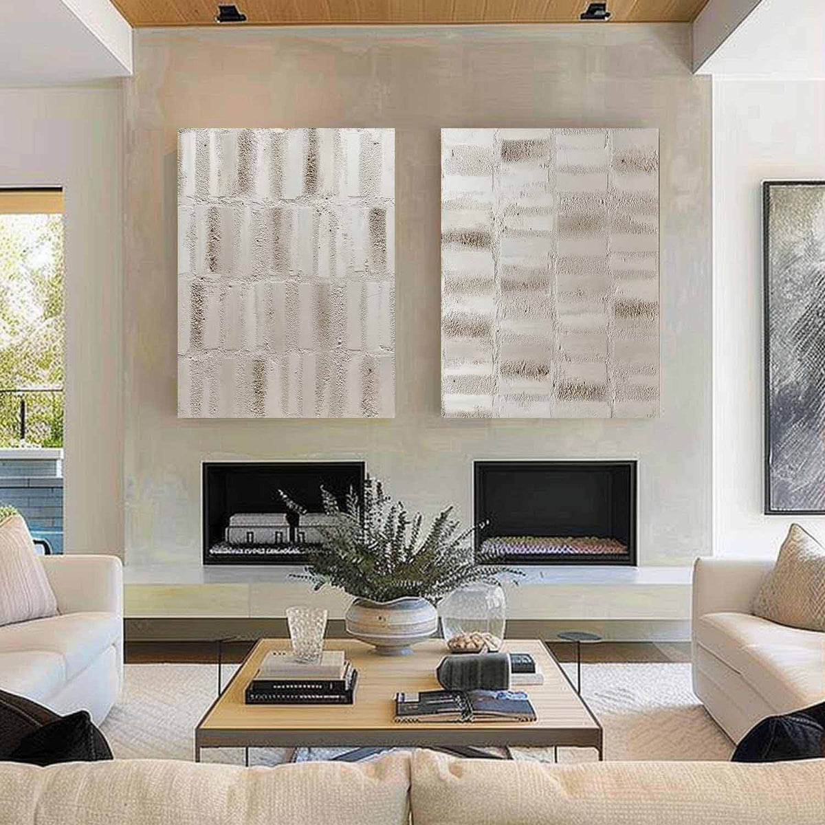 Wall Art Diptych Textured Abstract Grid Scene Minimalist Neutral