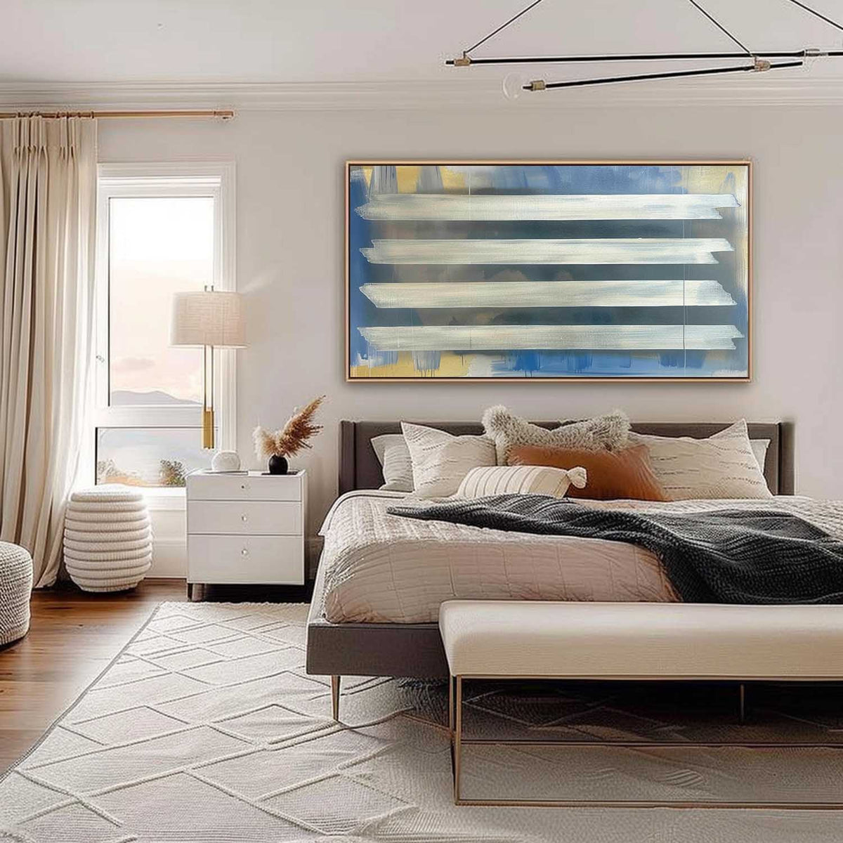 Silver Stripes Abstract Oil Painting Blue Gold