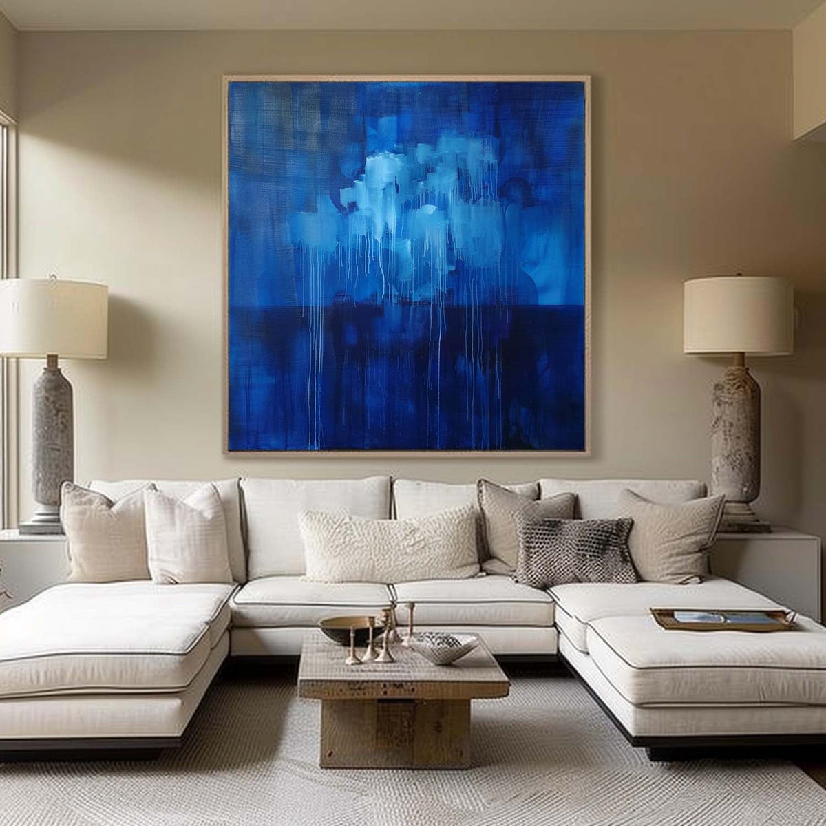 Deep Blue Abstract Drip Oil Painting
