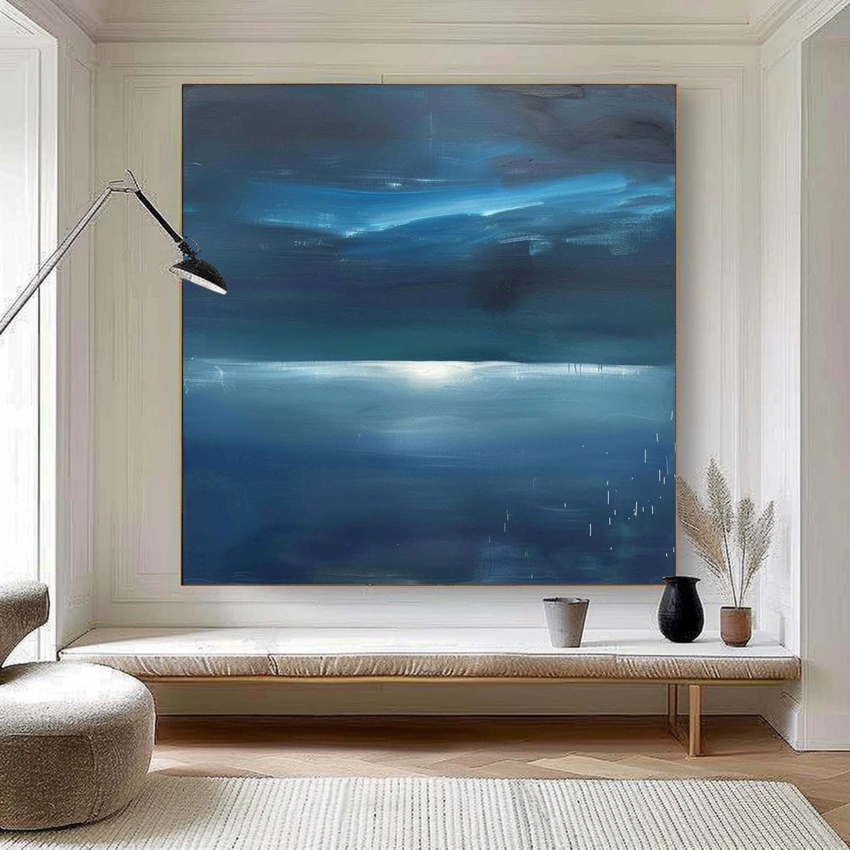 Nocturnal Coastal Landscape Painting Modern Blue Wall Art