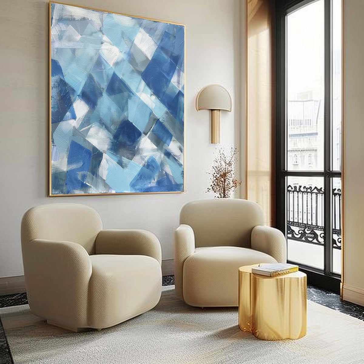 Modern Blue White Geometric Painting Textured Wall Art