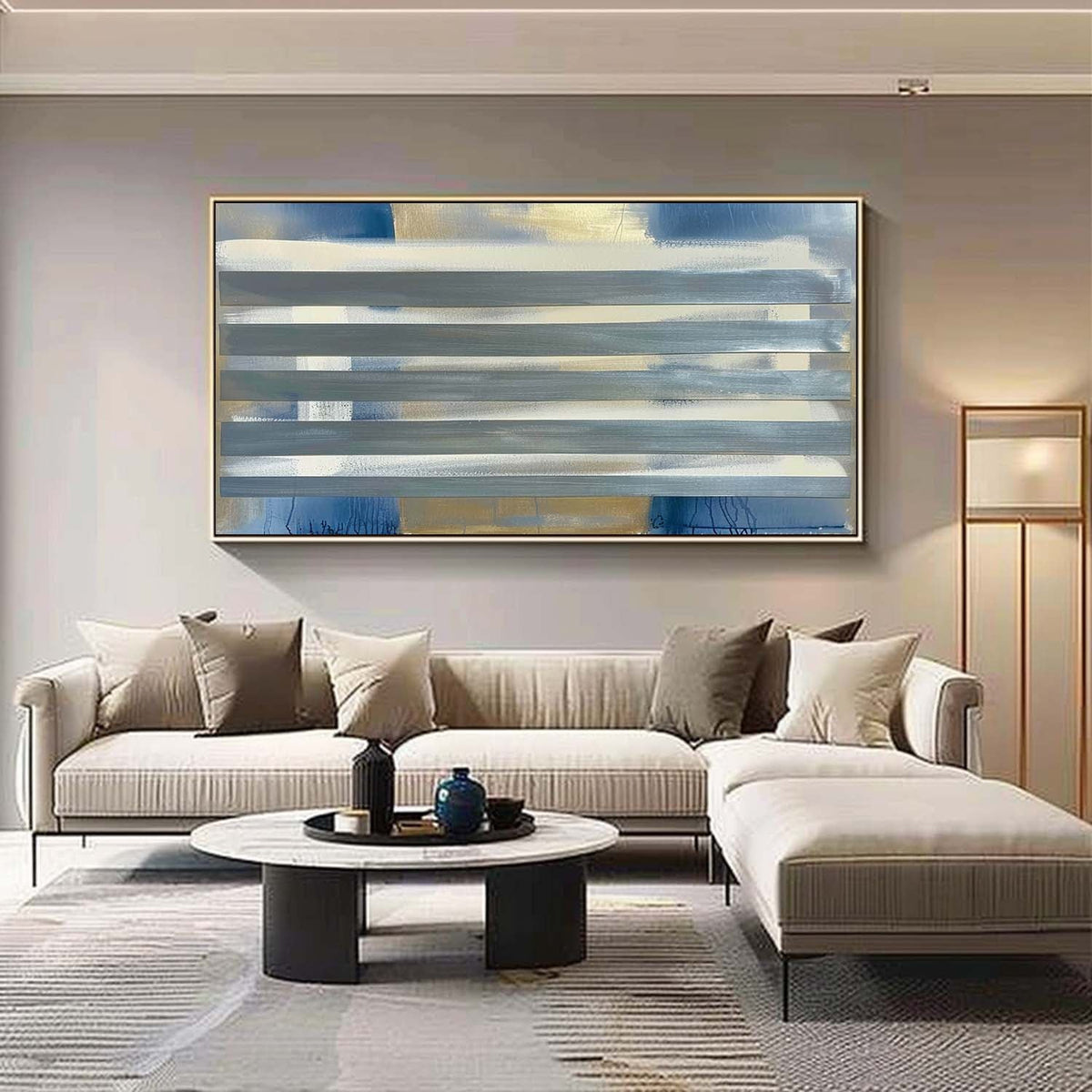 Gray Stripes Abstract Oil Painting Blue Gold Framed
