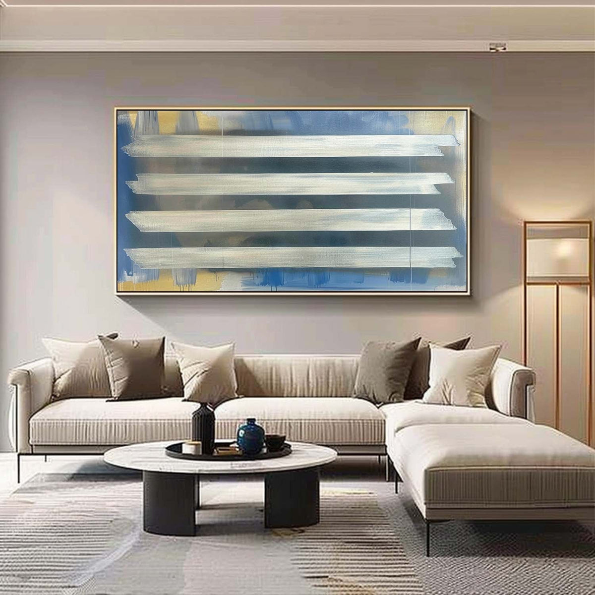 Silver Stripes Abstract Oil Painting Blue Gold