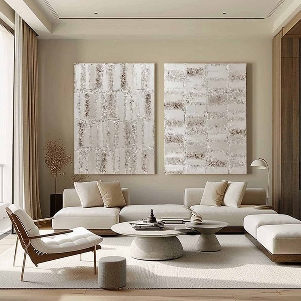 Wall Art Diptych Textured Abstract Grid Scene Minimalist Neutral