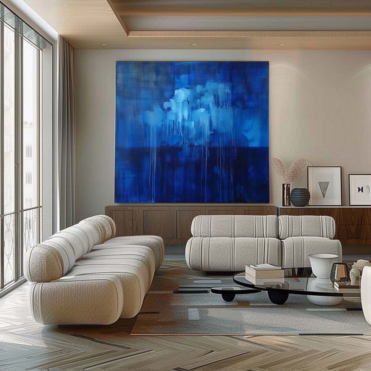 Deep Blue Abstract Drip Oil Painting