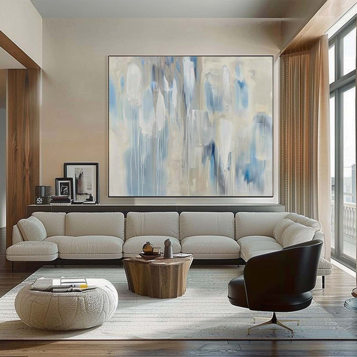 Wall Art Impressionist Blue Beige Dripping Abstract
