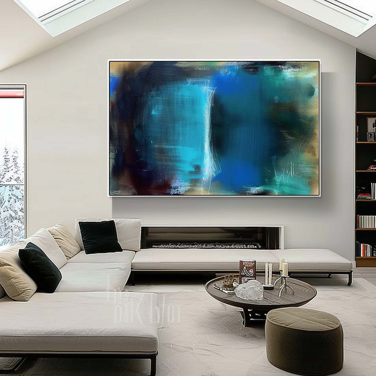 Teal Blue Abstract Oil Painting Textured Strokes