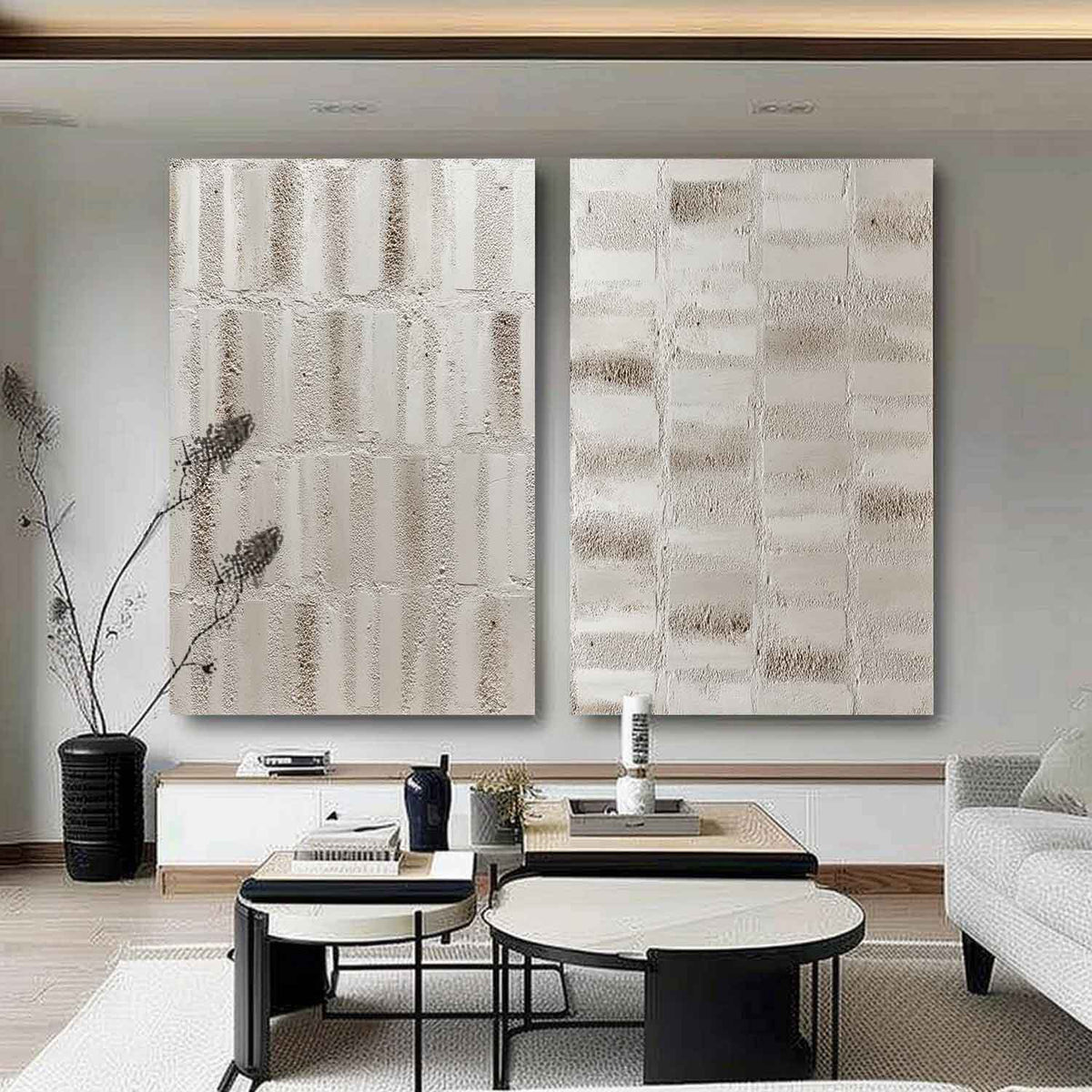 Wall Art Diptych Textured Abstract Grid Scene Minimalist Neutral
