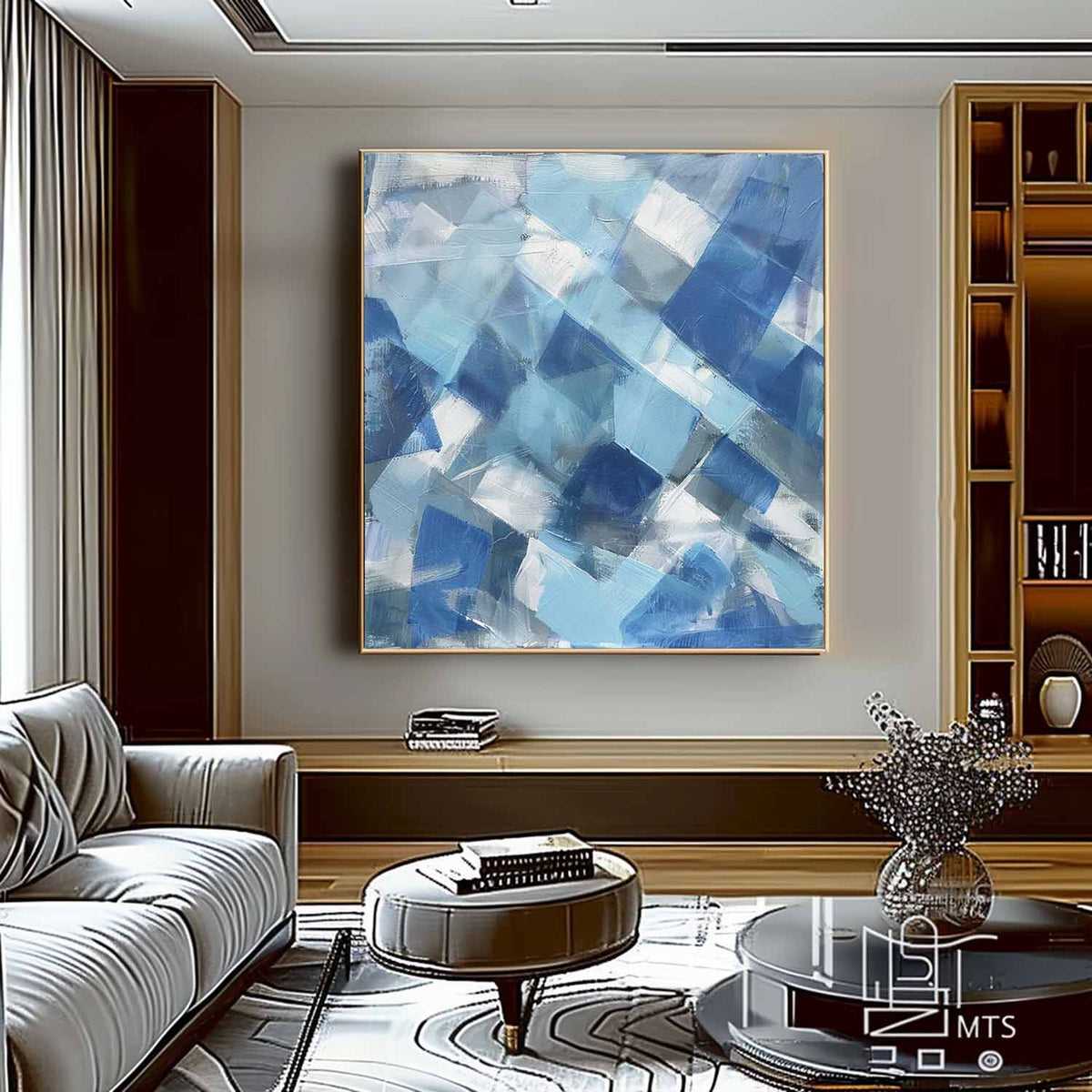 Modern Blue White Geometric Painting Textured Wall Art