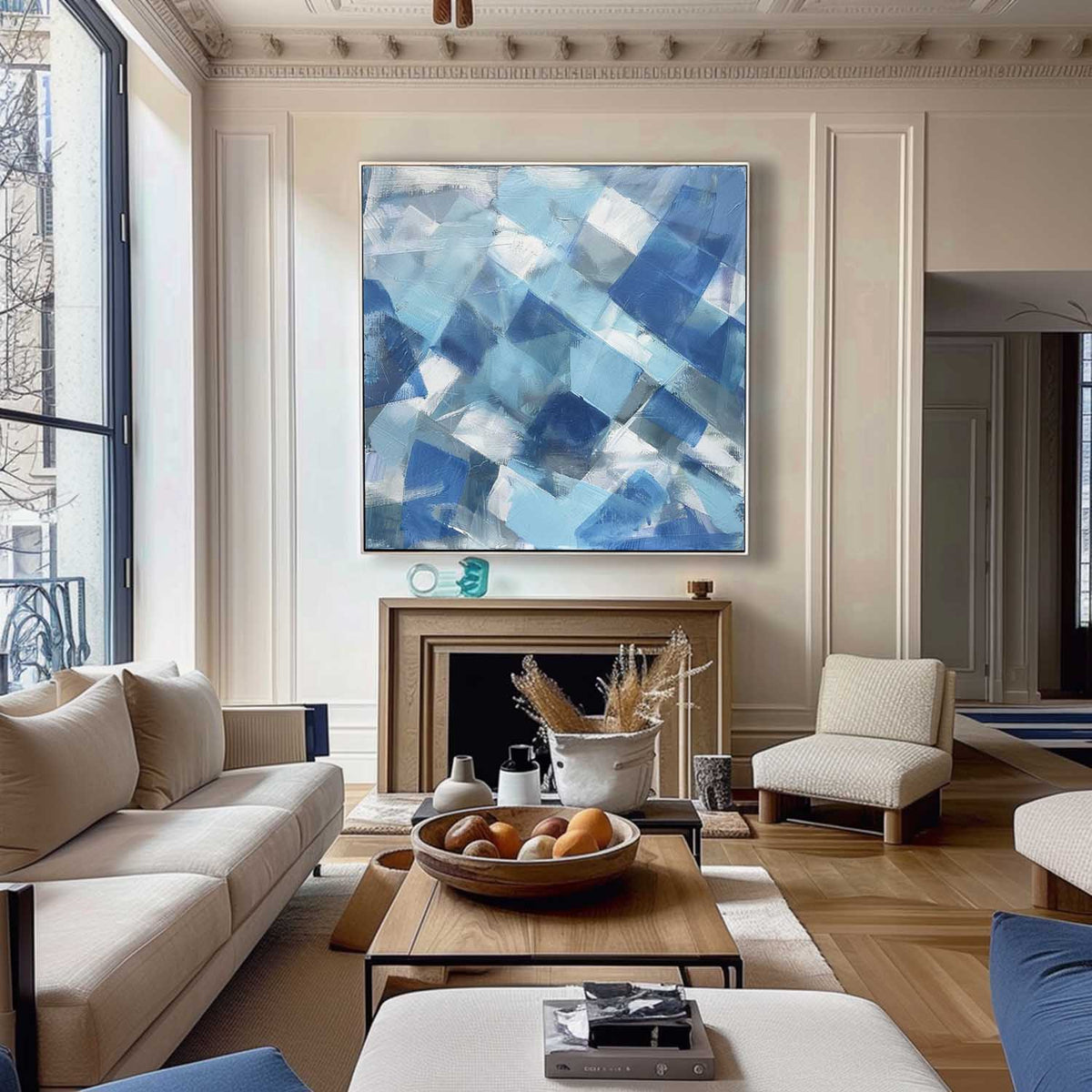 Modern Blue White Geometric Painting Textured Wall Art