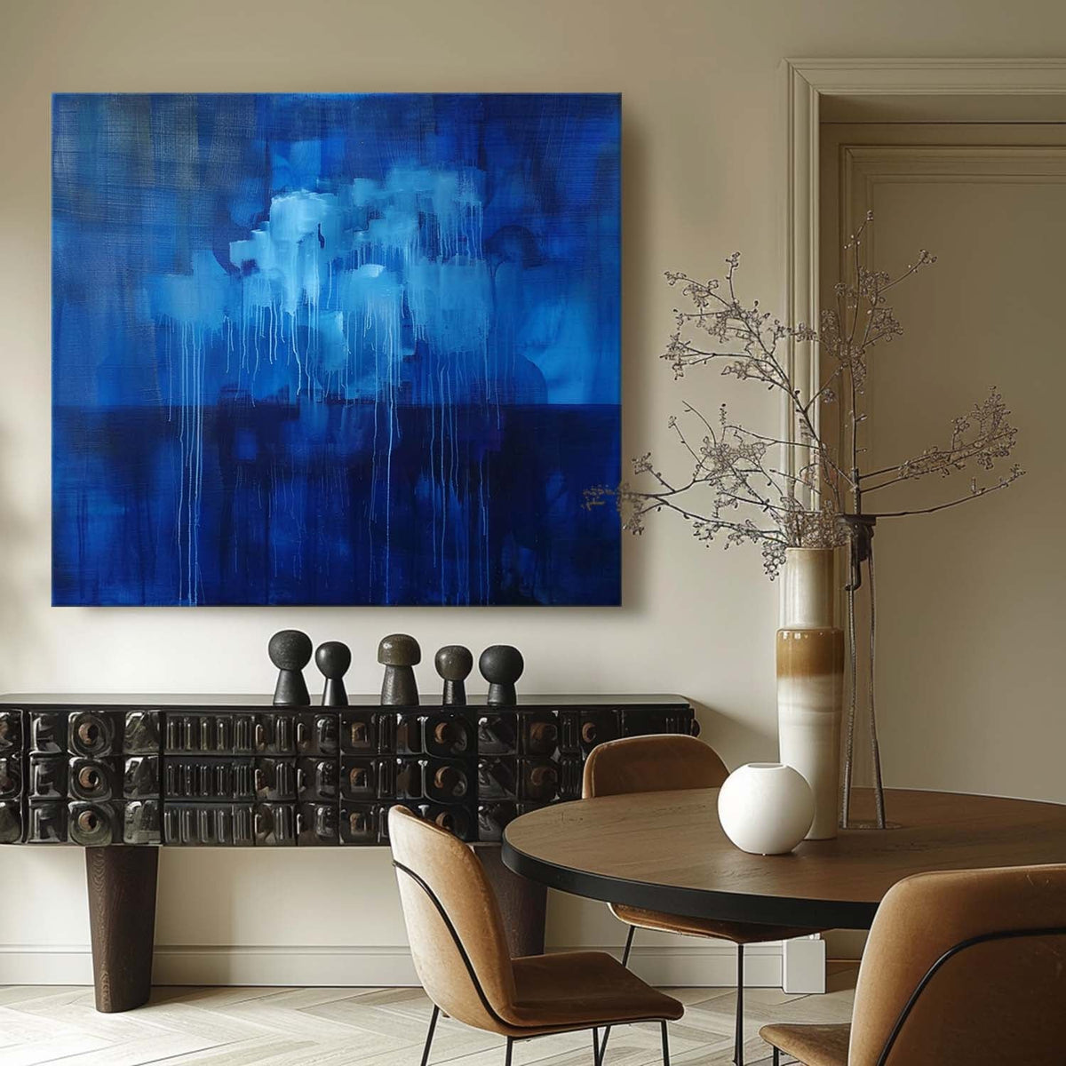 Deep Blue Abstract Drip Oil Painting