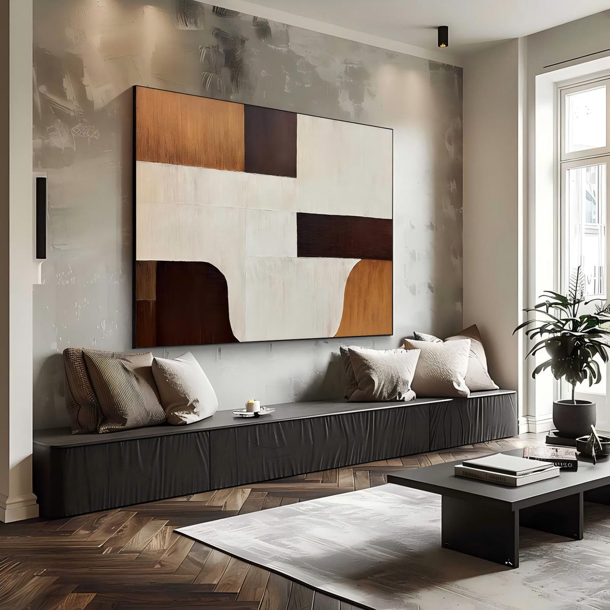 Neutral Tone Geometric Block Abstract Oil Painting
