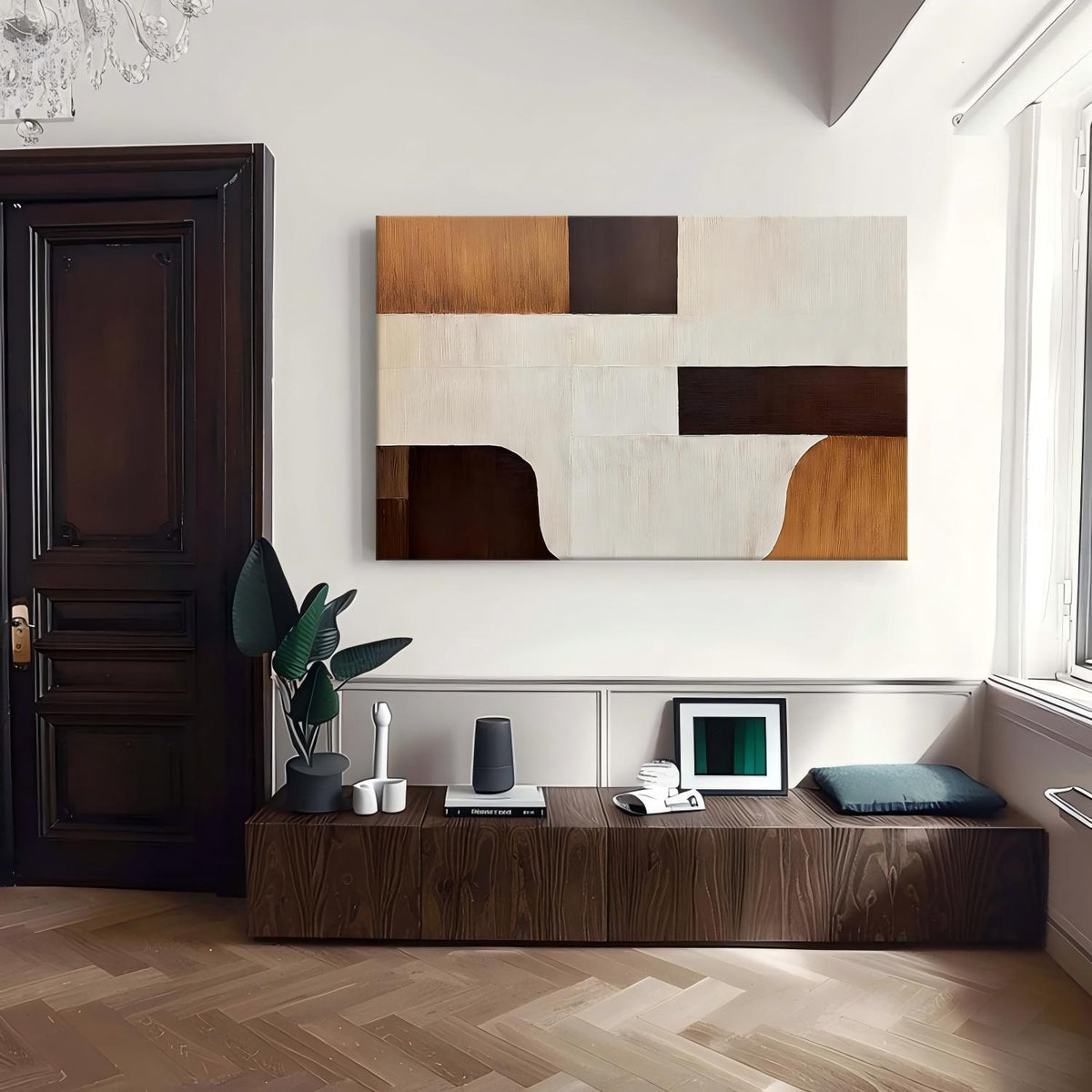 Neutral Tone Geometric Block Abstract Oil Painting