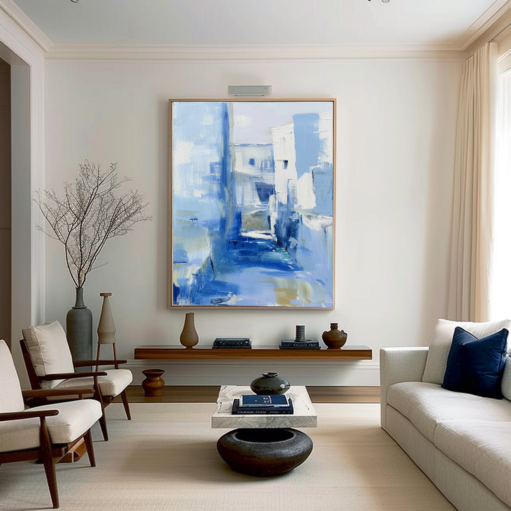 Mediterranean Alley Blue Oil Painting Textured