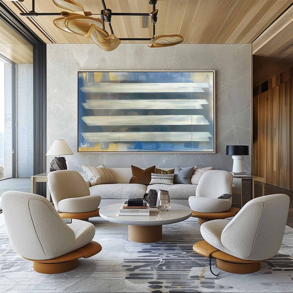 Silver Stripes Abstract Oil Painting Blue Gold