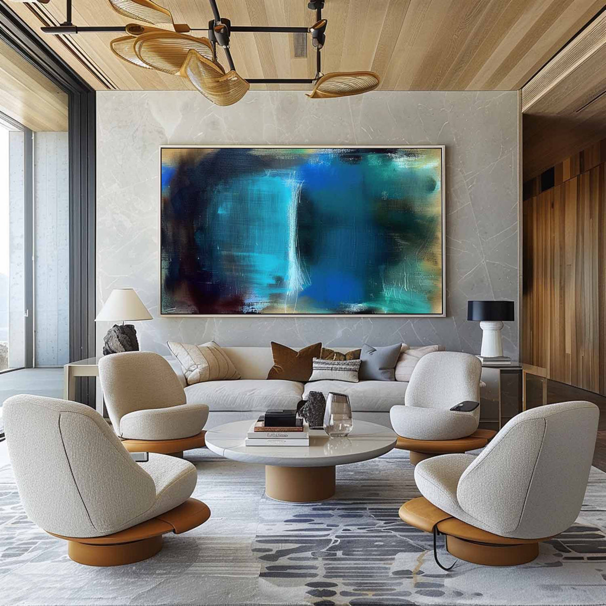 Teal Blue Abstract Oil Painting Textured Strokes