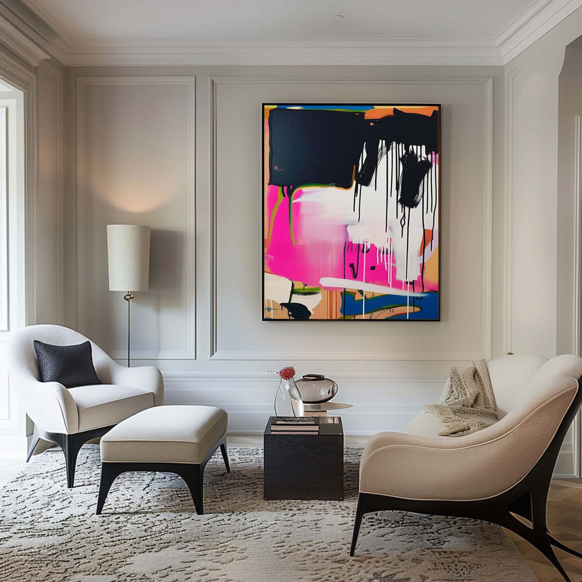 Pink & Black Drip Abstract Painting