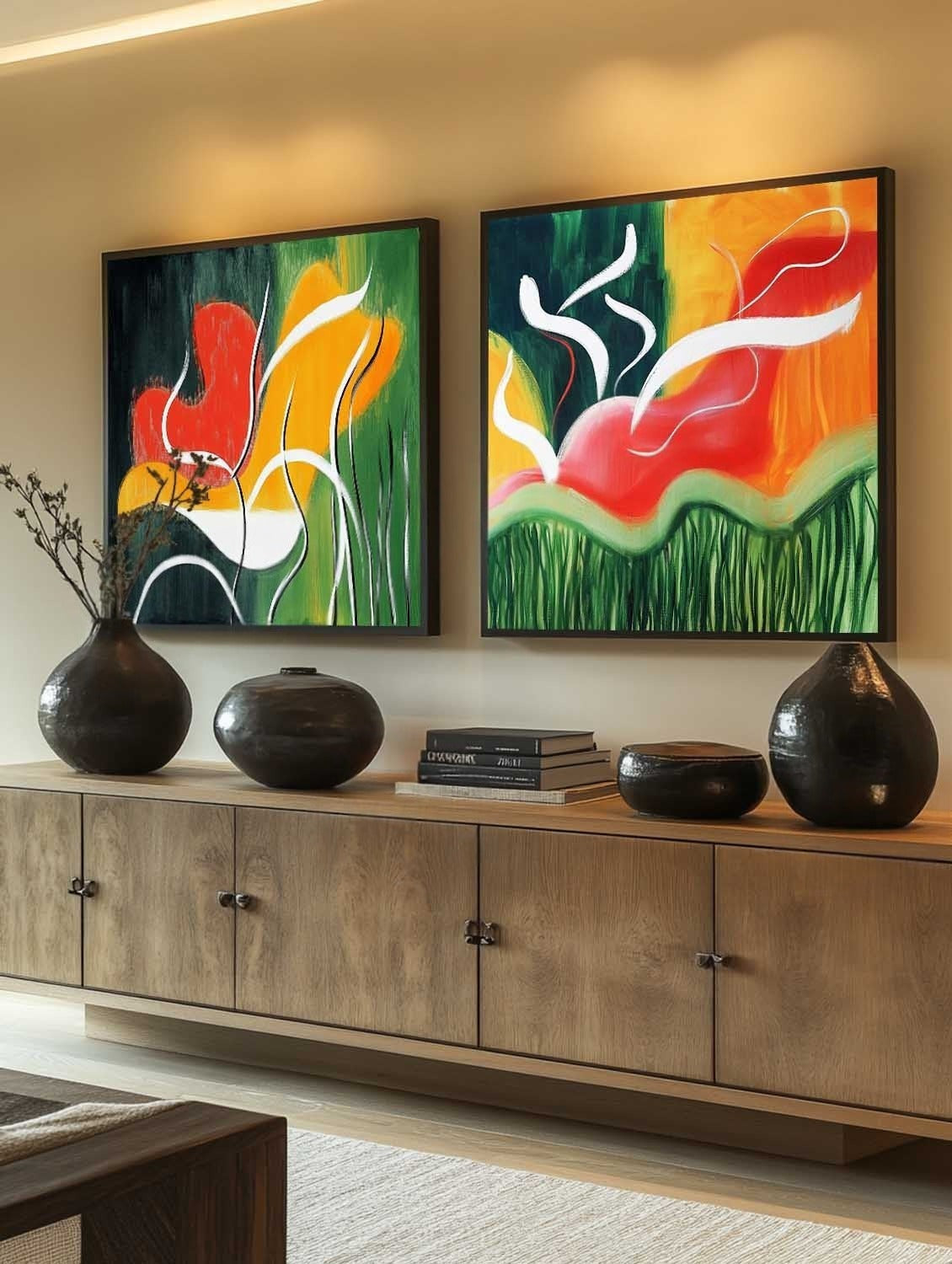 Wall Art Vibrant Abstract Floral Diptych