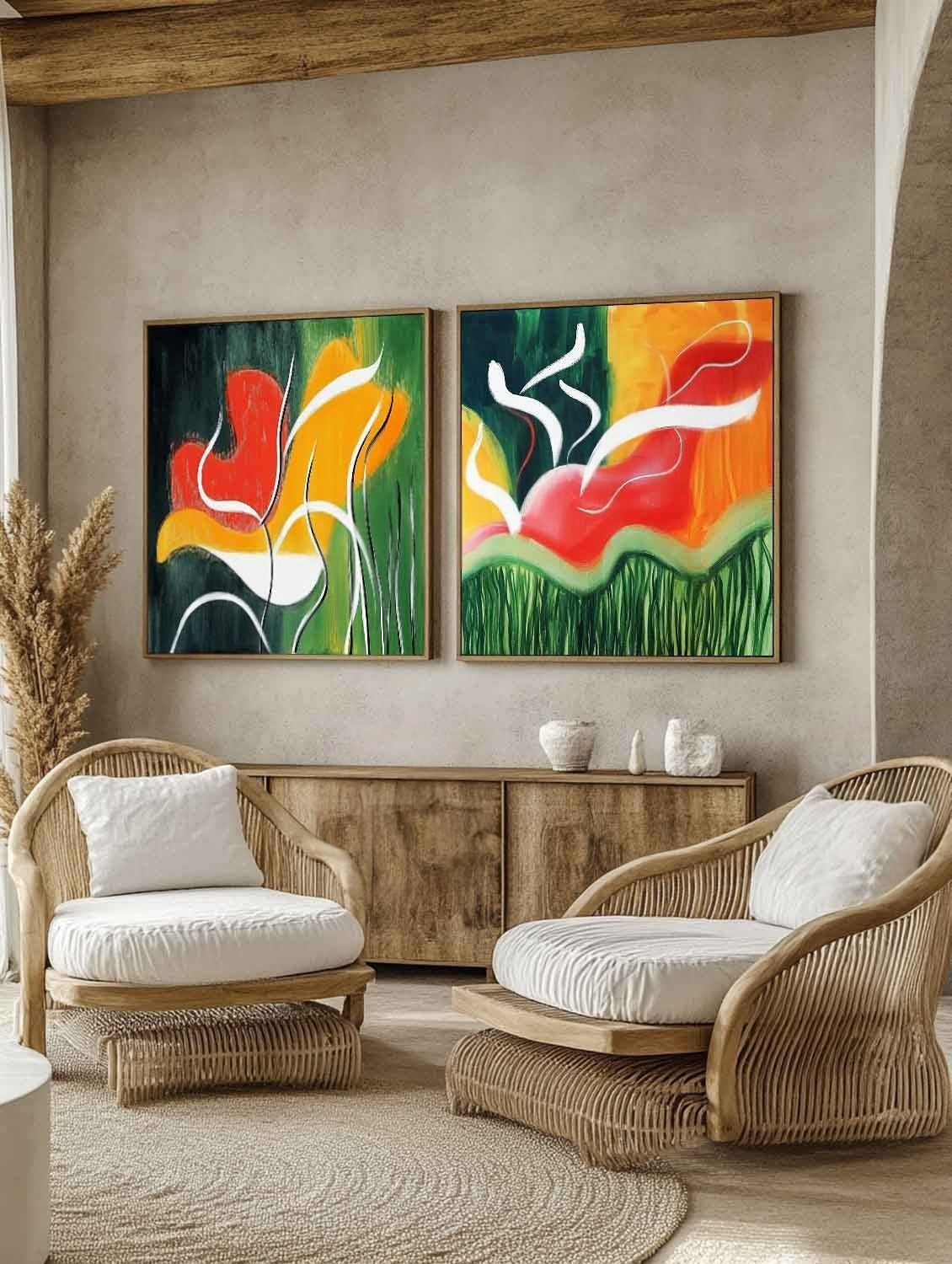 Wall Art Vibrant Abstract Floral Diptych