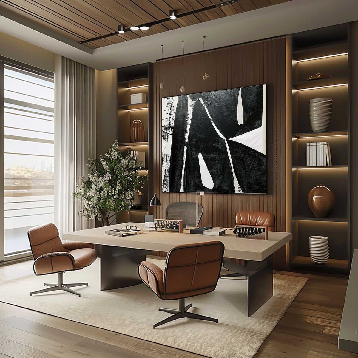 Bold Black Textured Geometric Oil Painting Modern