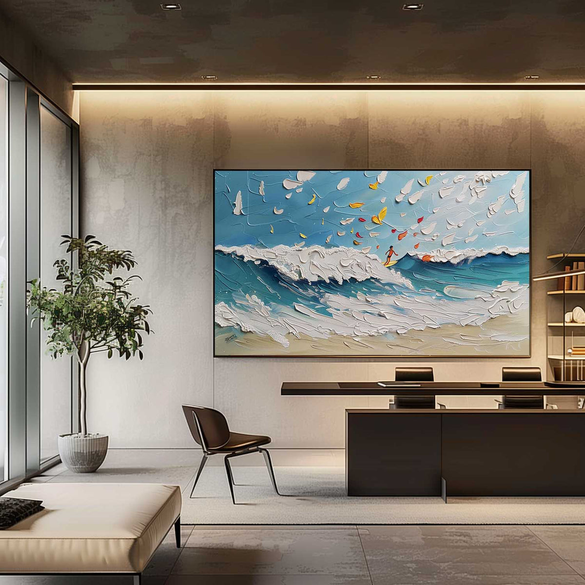 Textured Ocean Wave Surfing Scene Oil Painting