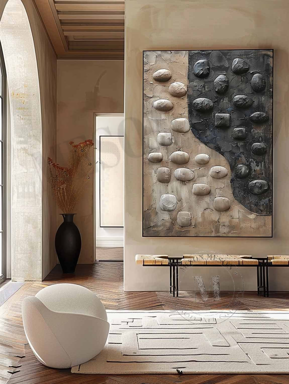 Wabi-Sabi Pebble Bas-Relief Painting