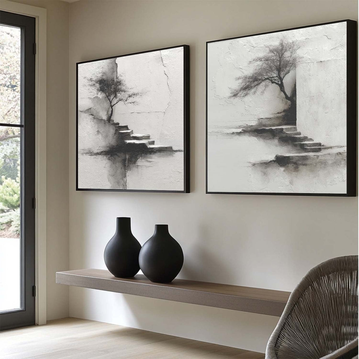 Wabi-Sabi Solitary Tree Diptych Painting