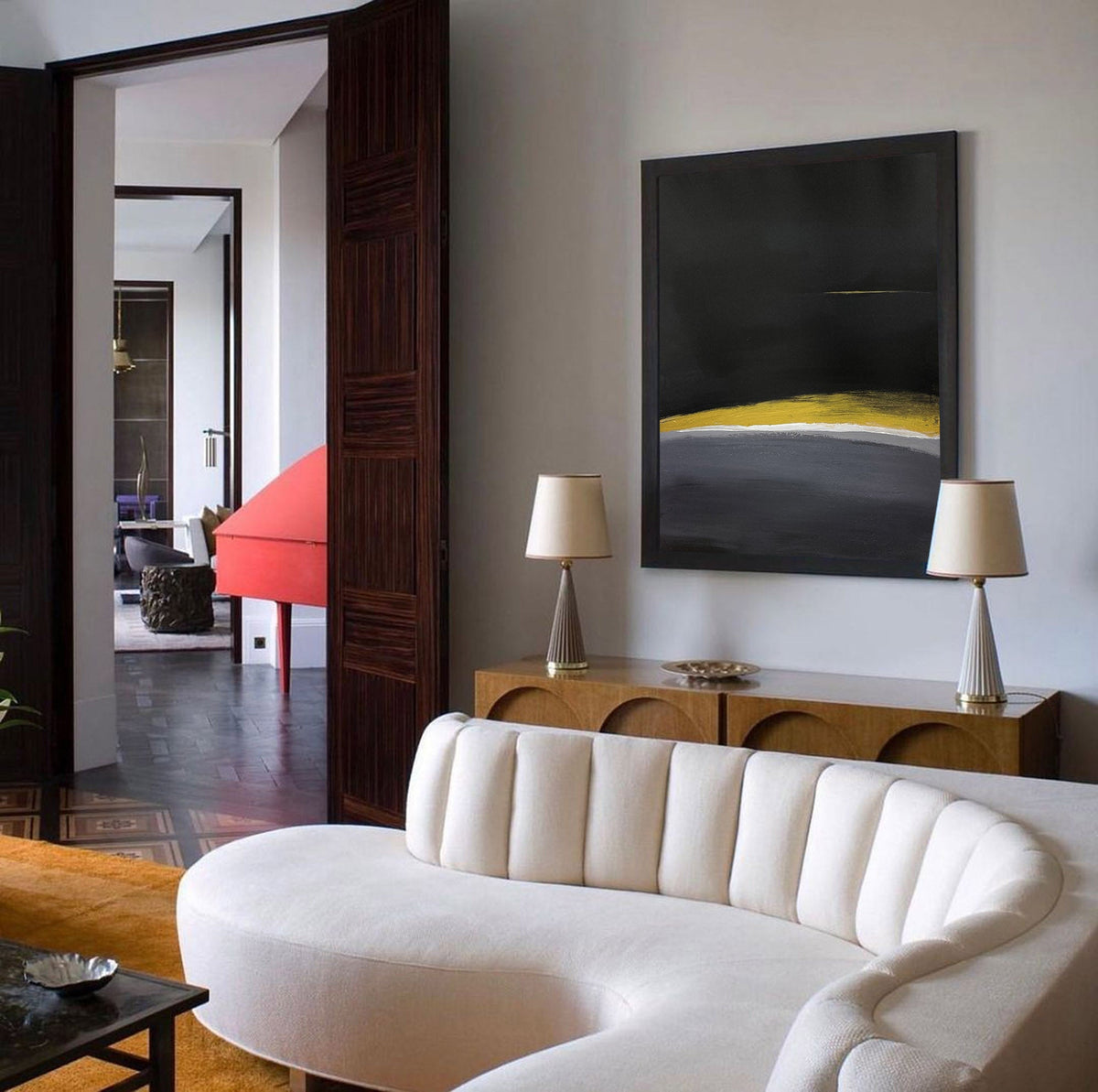 Modern Black Gold Yellow Abstract Linen Art