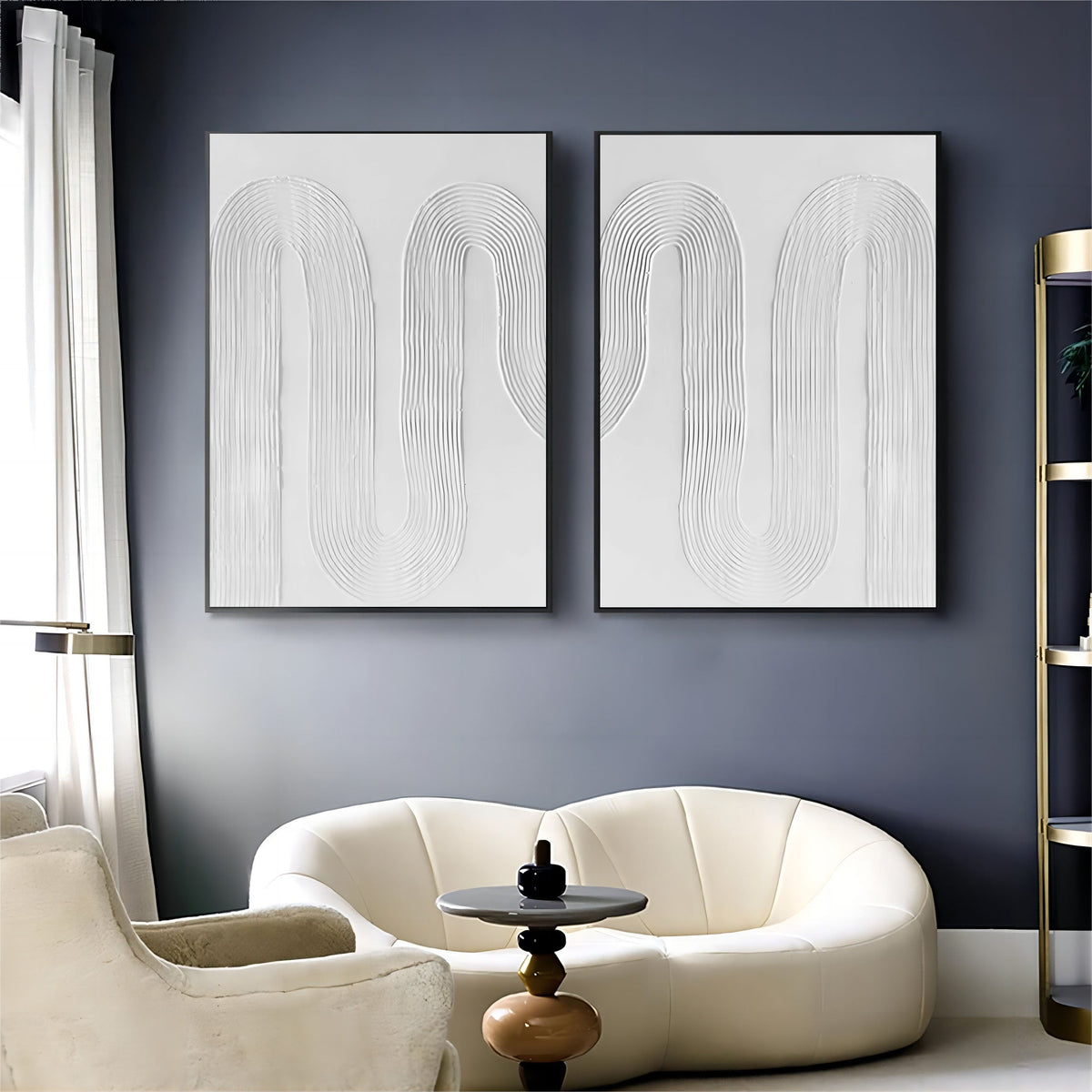 Minimalist White Curved Line Textured 2 Piece Wall Art