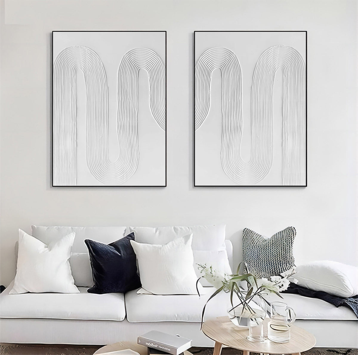 Minimalist White Curved Line Textured 2 Piece Wall Art