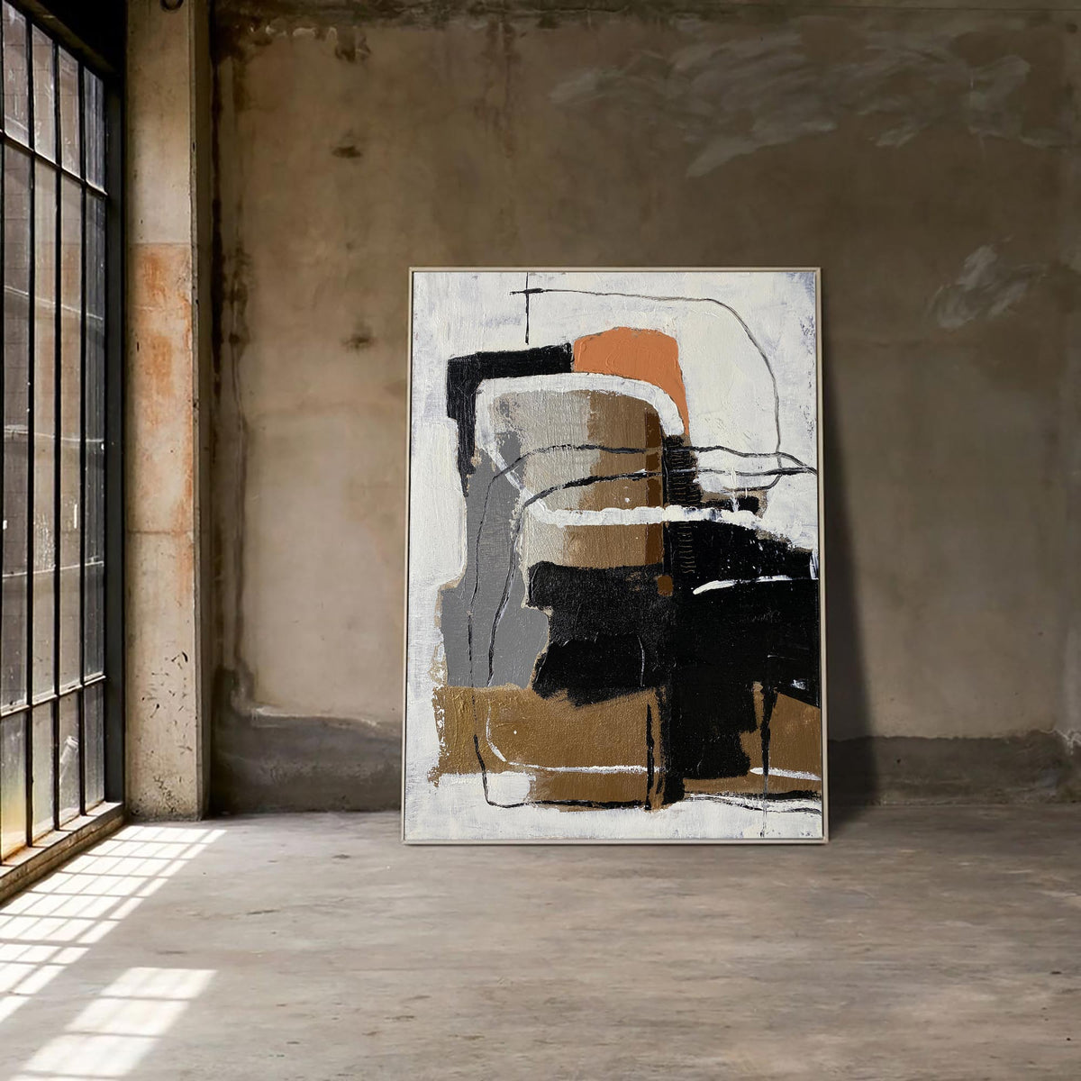 Wabi-Sabi Neutral Abstract Oil Painting with Orange