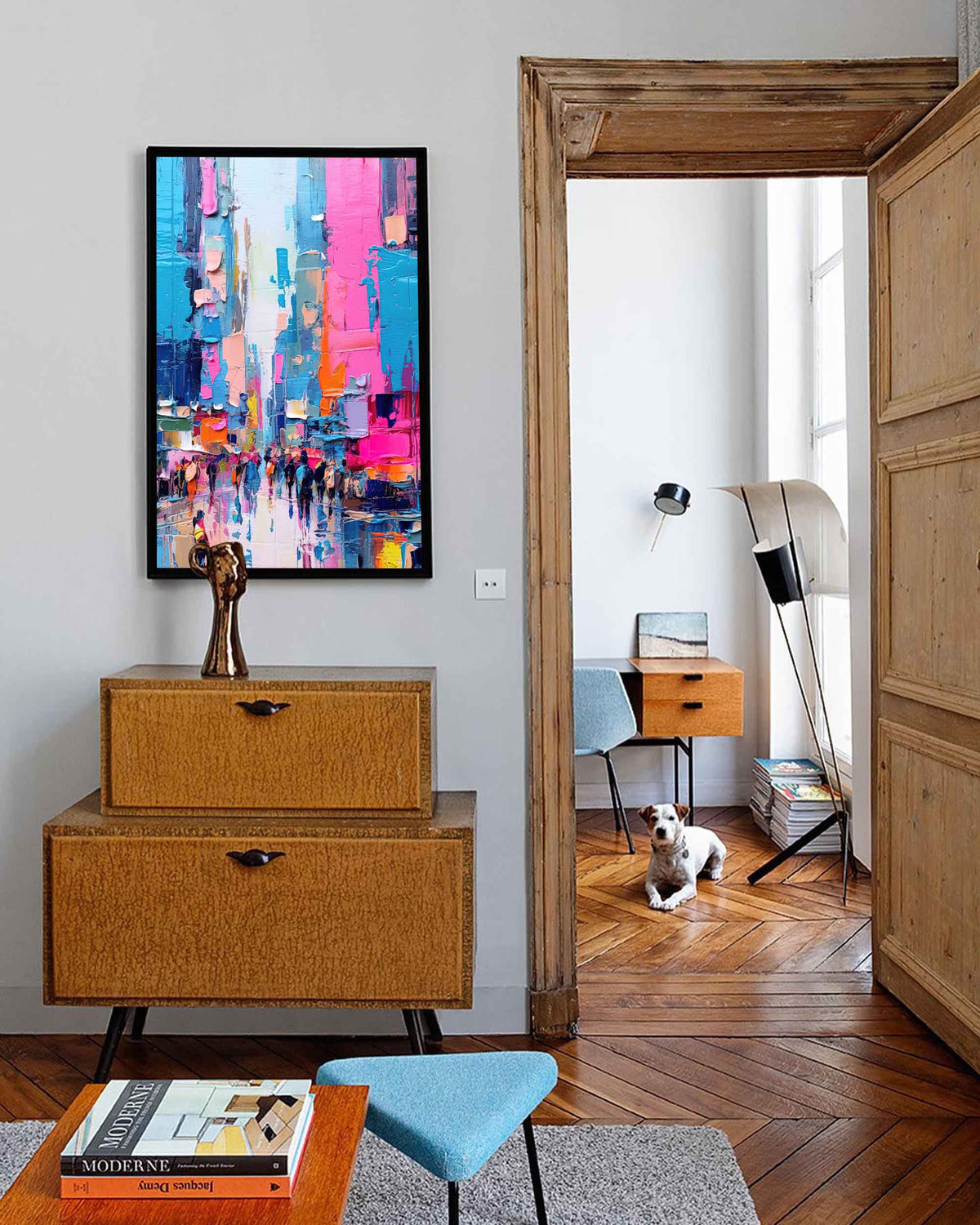 Impasto Cityscape Painting Vibrant Pink & Blue Wall Art