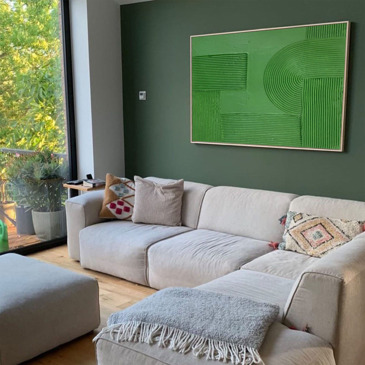 Solid‑Green Geometric Abstract  Ridged Heavy Textured Artwork