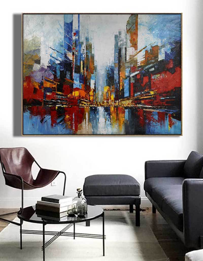 Vibrant City Skyline Reflection Abstract Painting