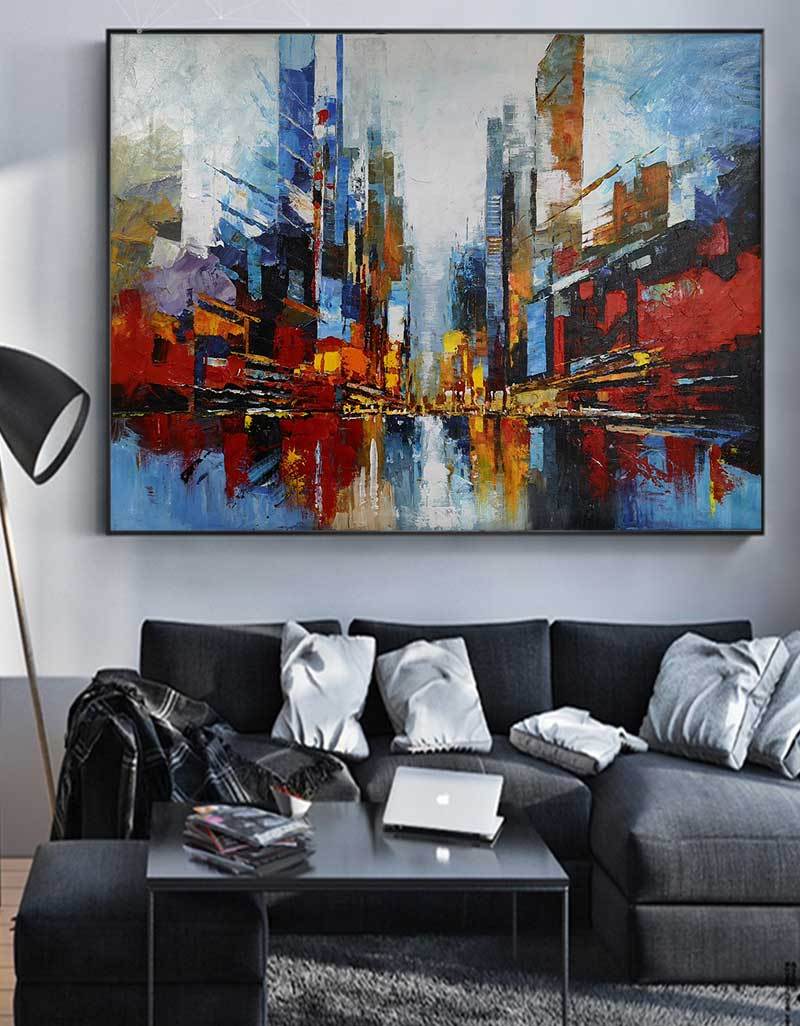 Vibrant City Skyline Reflection Abstract Painting
