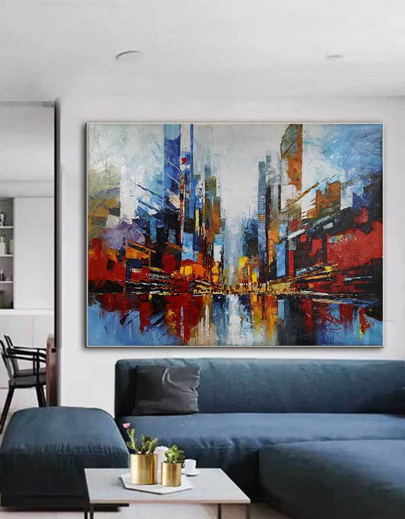 Vibrant City Skyline Reflection Abstract Painting