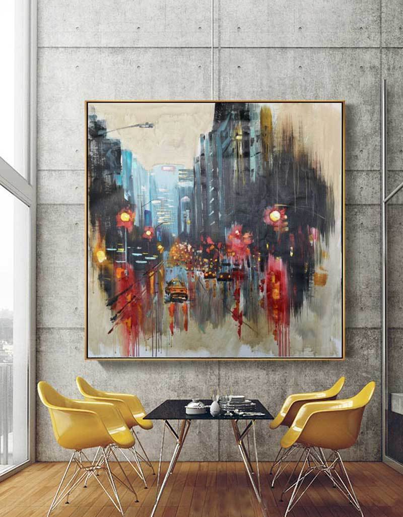 Rainy Cityscape Abstract Painting Square