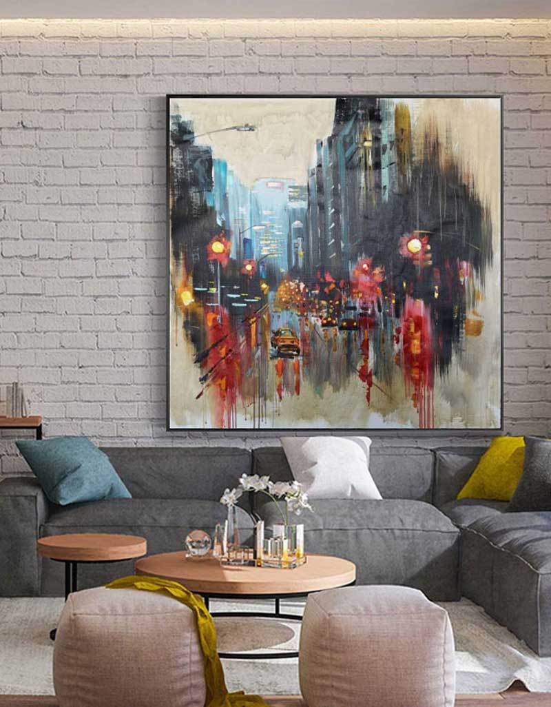 Rainy Cityscape Abstract Painting Square